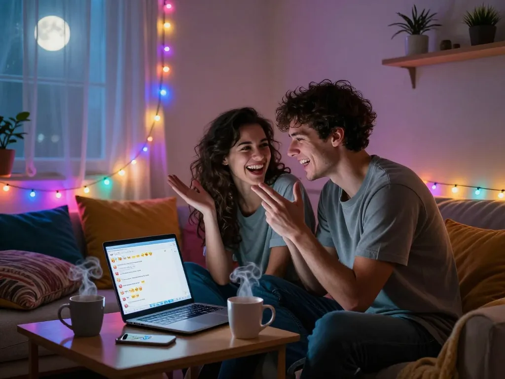 Engaging in a sex chat online in a cozy setting with a couple enjoying playful moments