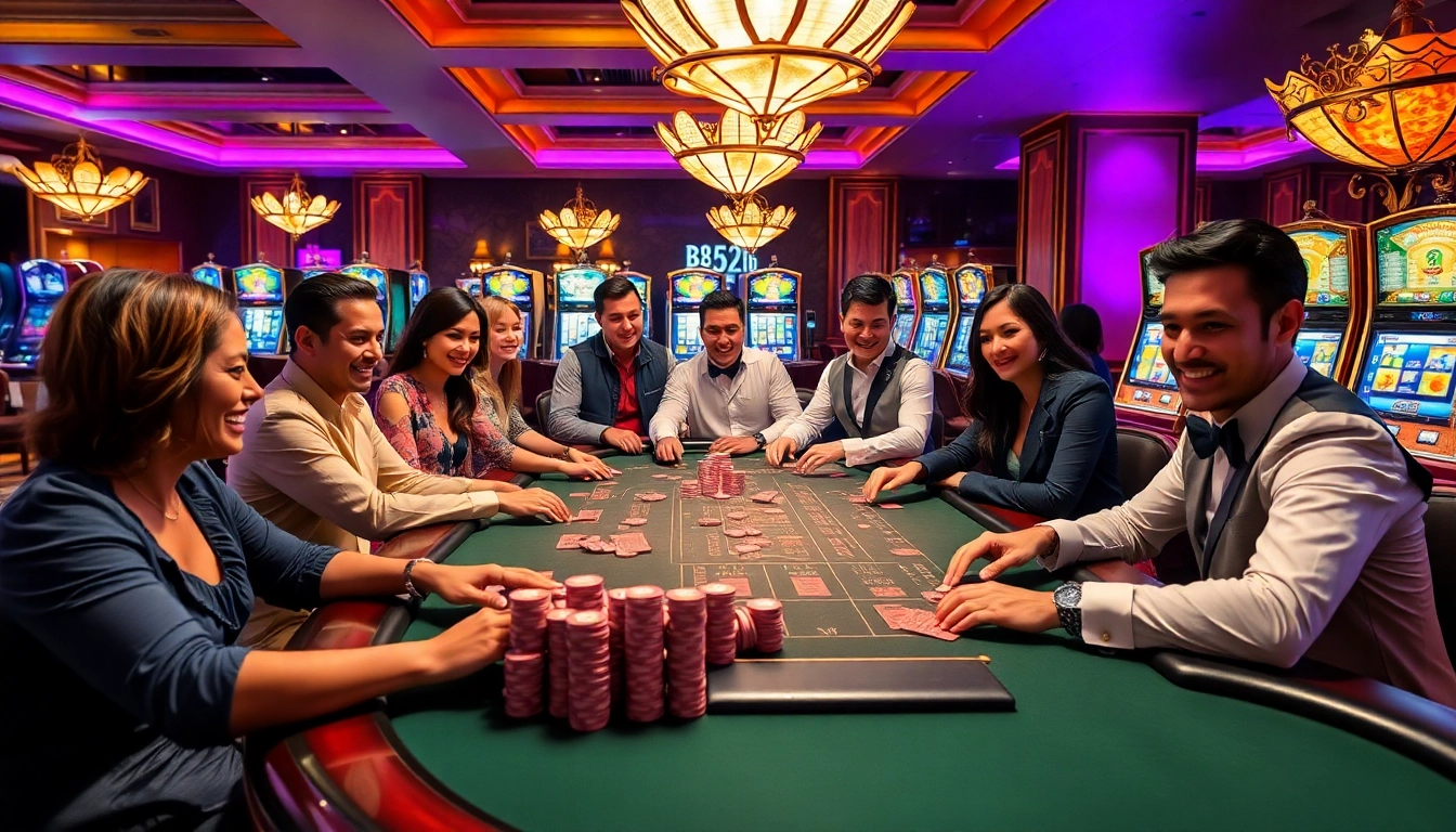 B52 Club players engaged in a vibrant poker game at a luxurious casino.