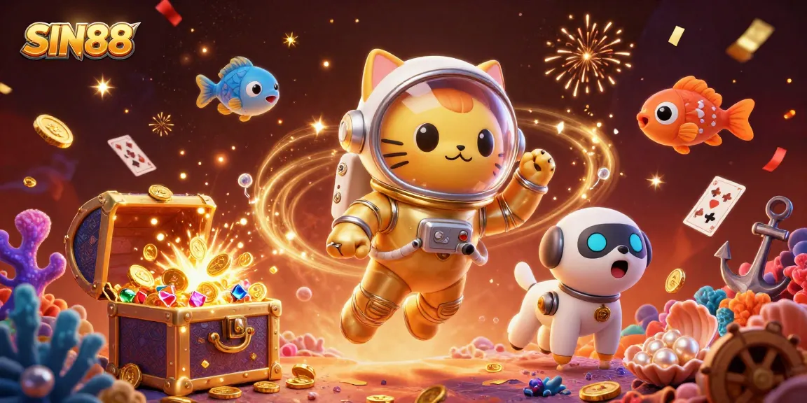 SIN88 online casino scene with a cartoon astronaut cat amidst treasure and festive effects.
