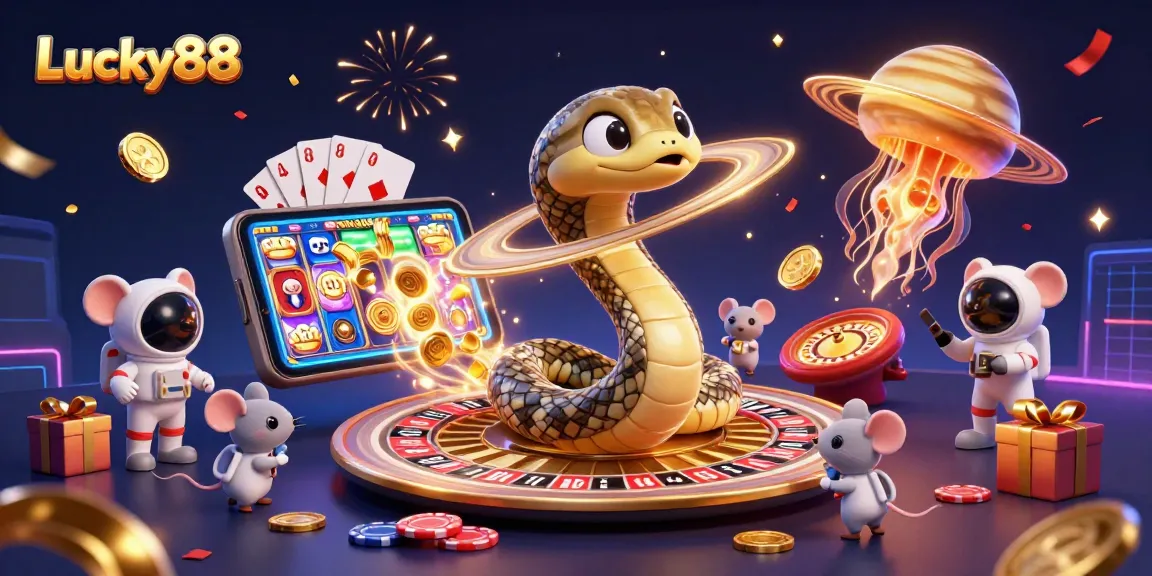 Lucky88 illustrates a vibrant 3D scene of cosmic casino betting with adorable astronaut mice.