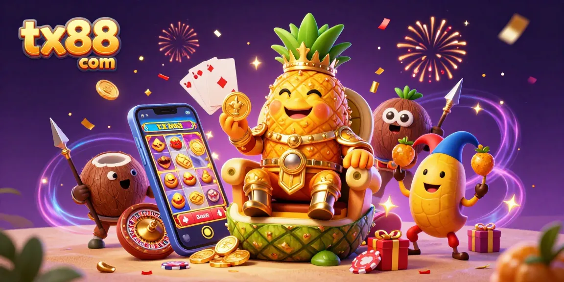 Experience vibrant gameplay and winnings with tx88 com in a dynamic casino scene featuring a pineapple king.