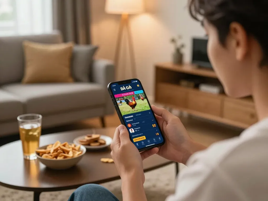Engaged player using mobile app for ĐÁ GÀ 88 betting in a modern living room environment.