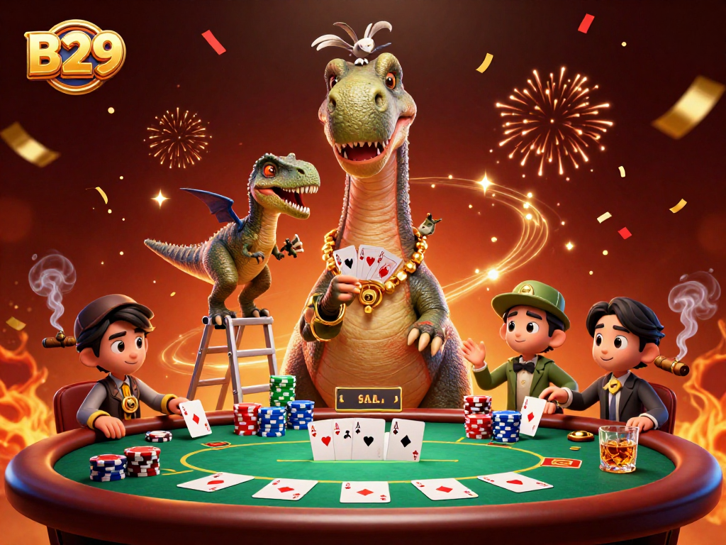 Experience the thrill of B29 casino with vibrant Poker action, featuring a giant brontosaurus dealer!
