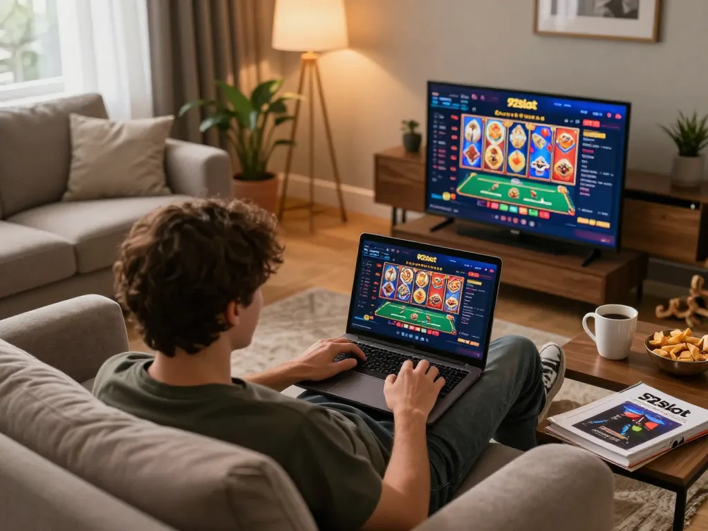 Player enjoying 92slot online casino gaming on laptop with cozy home atmosphere