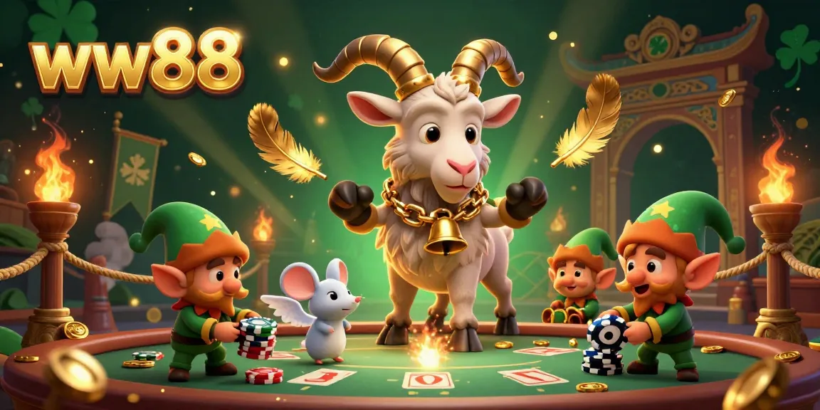 Engage in thrilling casino action at ww88 with cartoon Krampus, elf gremlins, and angel mouse amidst swirling golden feathers.