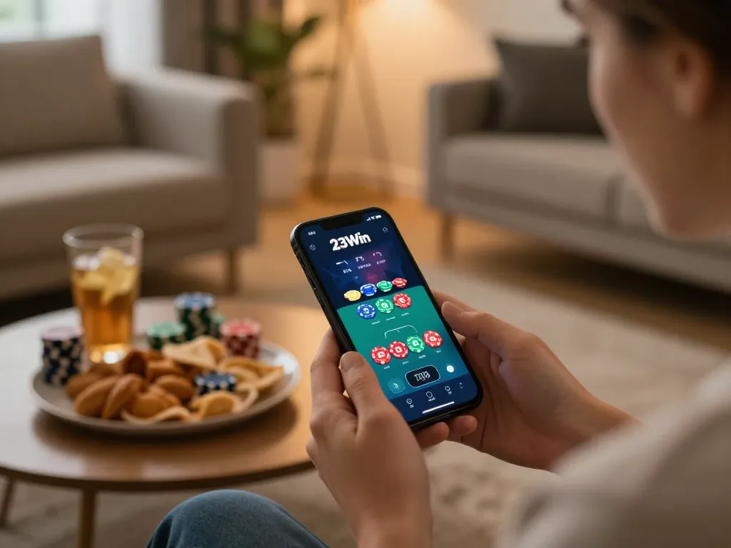 Engaging with 23Win app on smartphone while enjoying a cozy home gambling setup