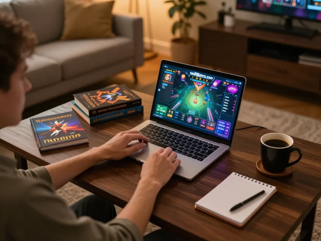 Engaging online gaming experience on ta88pro.com at a cozy home setup with strategy notes.
