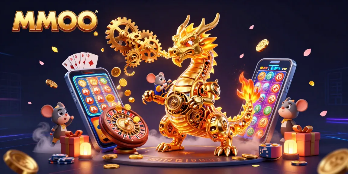 Engage in thrilling gaming at MMOO with an animated dragon, vibrant slots, and immersive casino elements.