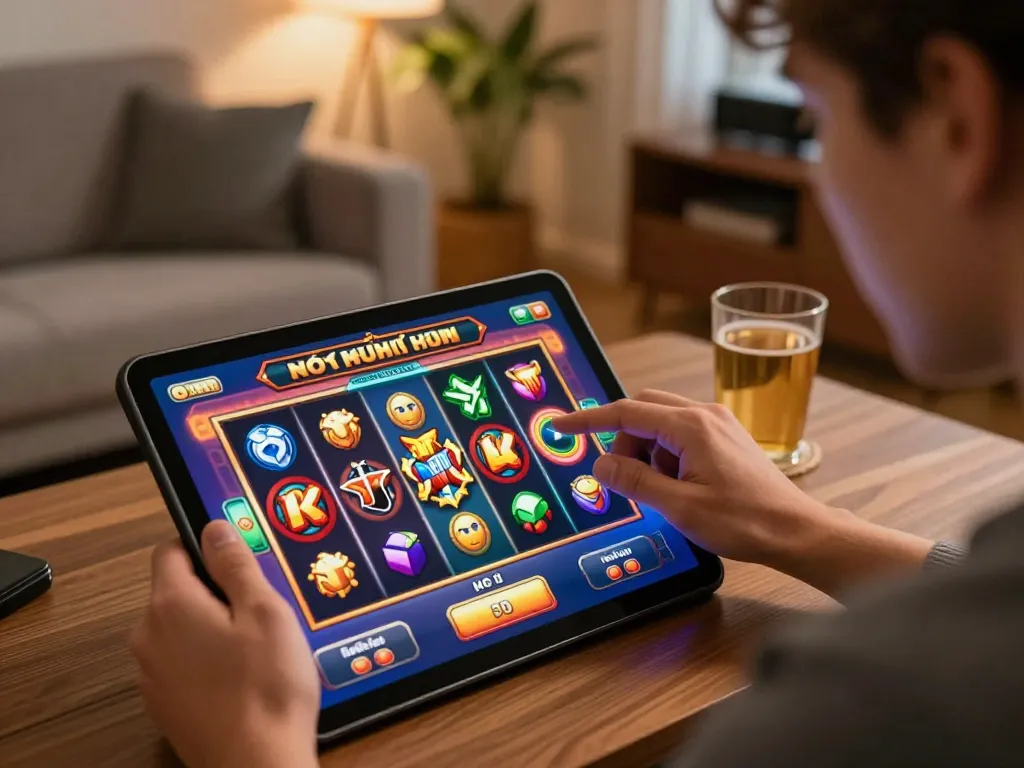 Nổ hũ gameplay on tablet shows spinning reels, player engaged in online casino.