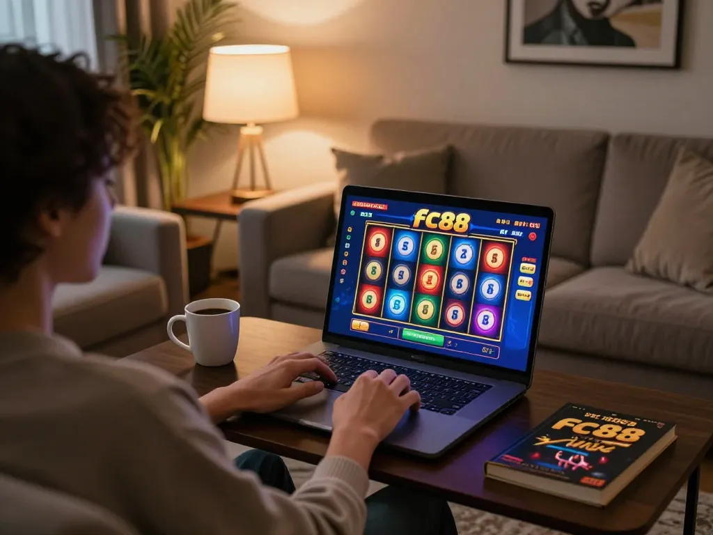 Play exciting fc88 online slot games on a laptop in a cozy home setting.