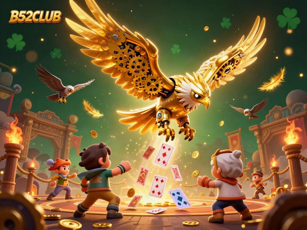 Experience the thrill of B52CLUB with a stunning 3D illustration of a cybernetic eagle diving through holographic cards.