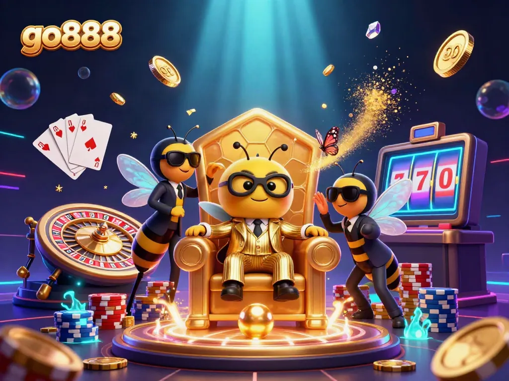 Engage with go888's vibrant casino atmosphere featuring a 3D cartoon bumblebee mob boss and dynamic gaming elements.