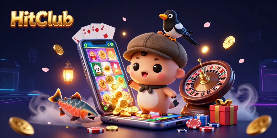 Engage with HitClub's vibrant slot game features as characters interact with immersive casino elements.