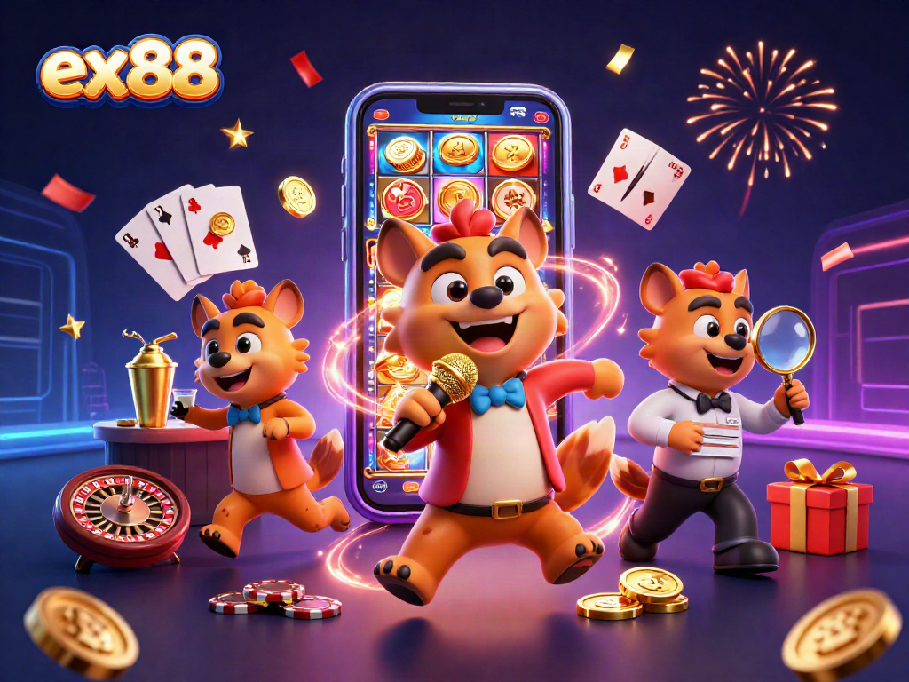 ex88 hyenas hosting a comedy casino club with vibrant gaming elements in a colorful illustration