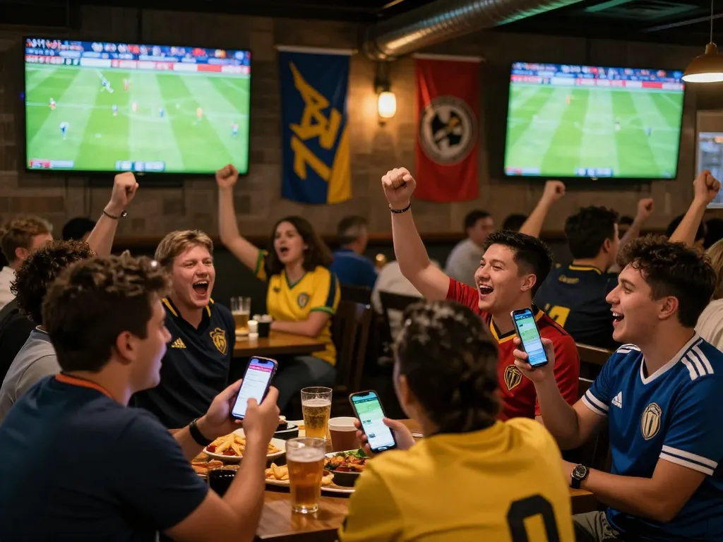 Fans engaging in sports betting while enjoying live matches on screens at a lively bar, showcasing luongson tv excitement.