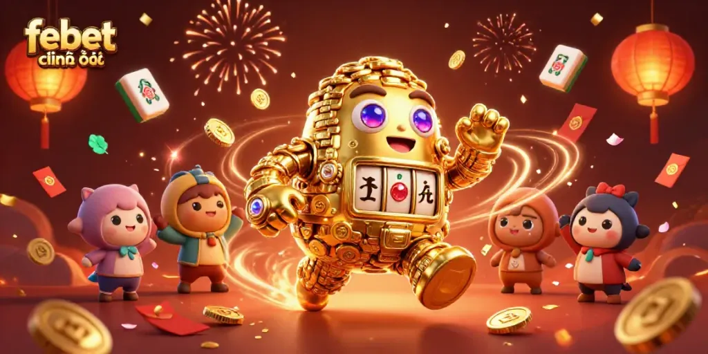Experience the excitement of febet chính thức with a captivating scene of a golden golem and vibrant casino elements.