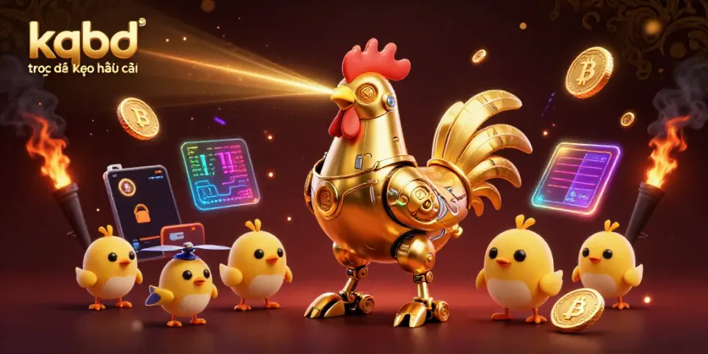 Experience kqbd trực tiếp kèo nhà cái with dynamic golden rooster robot leading a vibrant betting landscape.