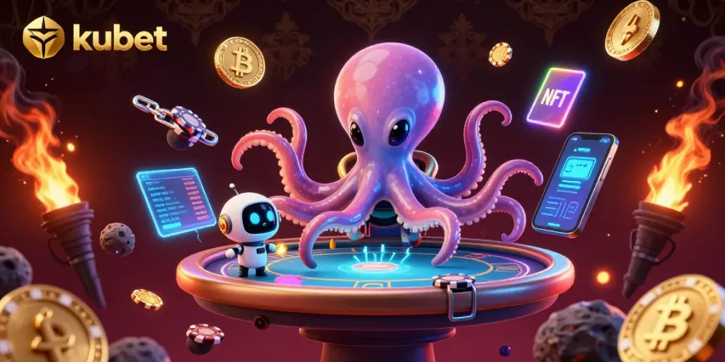 Join the action at kubet with an exciting 3D illustration of alien octopuses and holographic betting elements.