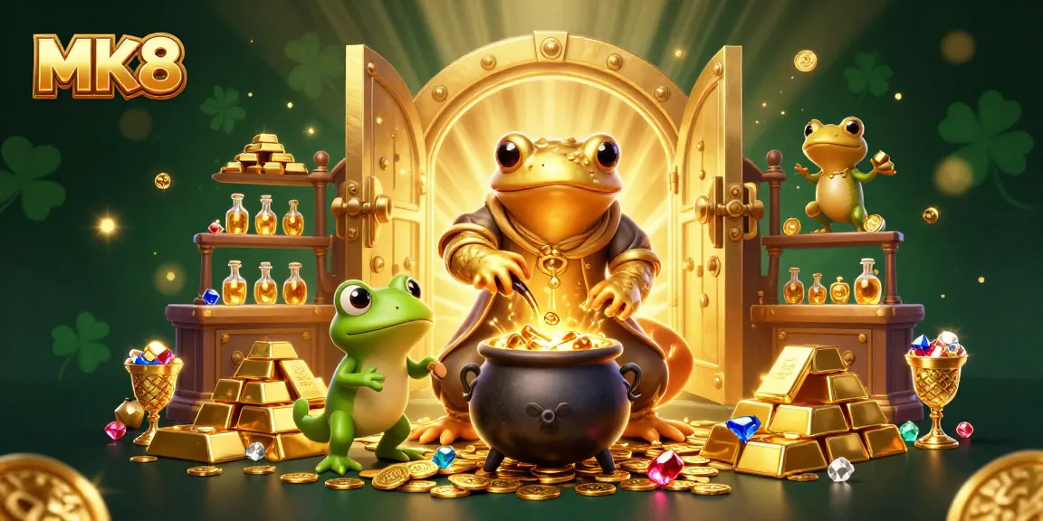 Experience MK8's thrilling world of casino games with vibrant gold and treasure elements.