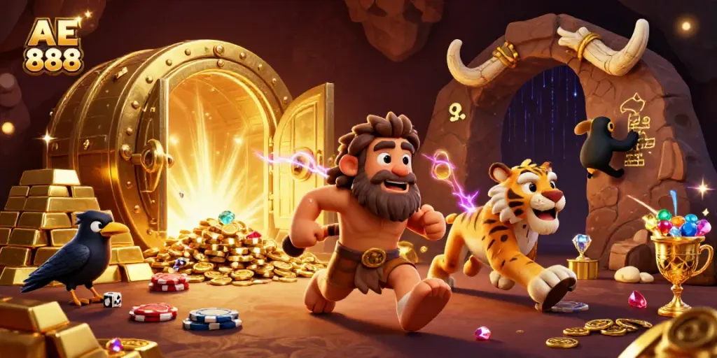 Engaging scene of AE 888 featuring a caveman and tiger running a prehistoric casino with golden treasures.