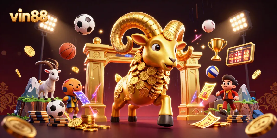 vin88 showcases a dynamic golden ram charging at a gate amid flying sports elements in a vibrant casino illustration.