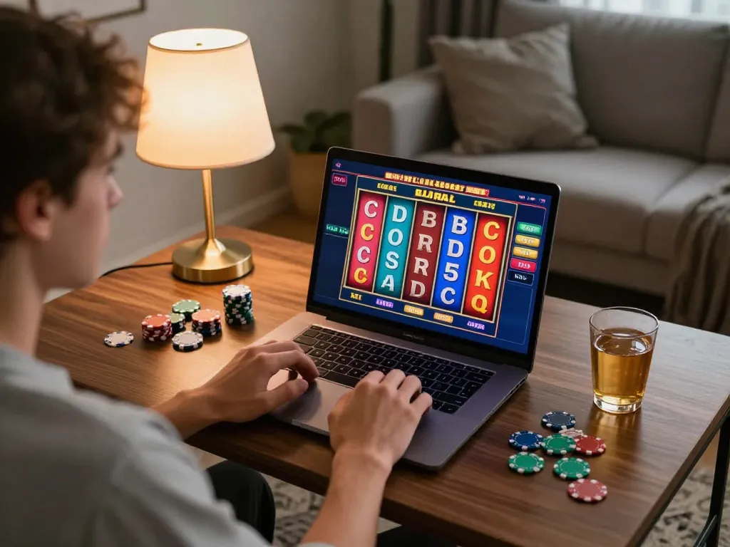 Player enjoying Uk88 online slot games in a cozy living room, showcasing responsible entertainment.