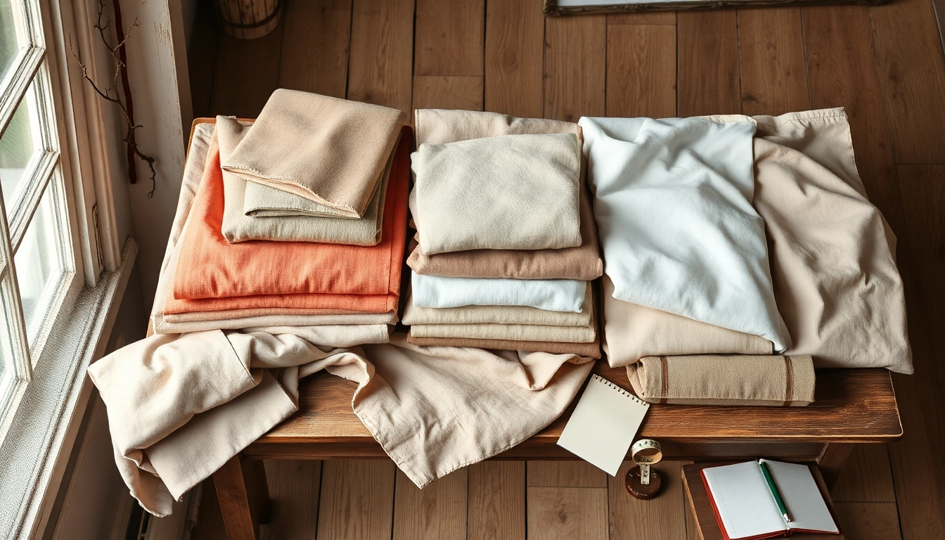 Katoen stoffen assortiment met diverse kleuren en texturen op een vintage houten tafel.