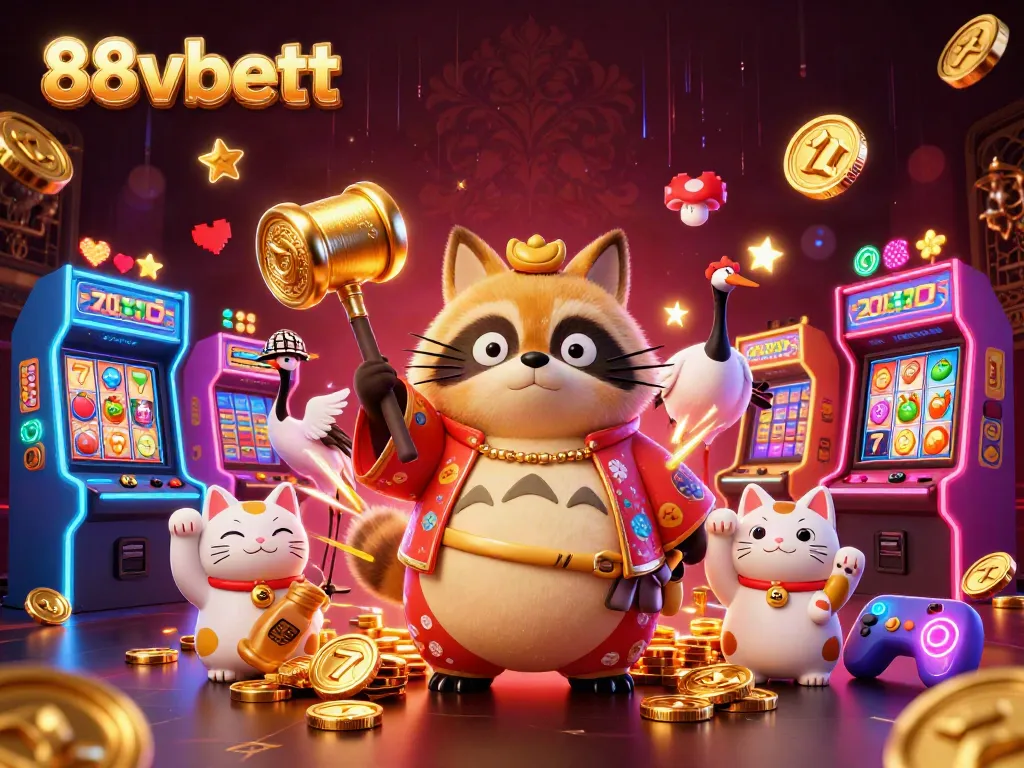Engage with 88vbett's vibrant 3D illustration showcasing casino-themed elements with a cheerful tanuki.