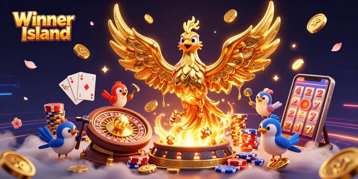 Experience the excitement of Winner Island with a golden phoenix, casino games, and vibrant graphics.