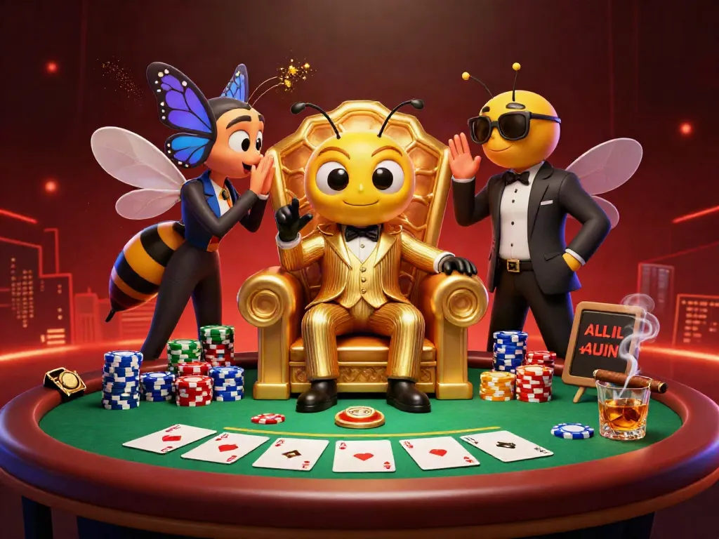 A dynamic scene with a cartoon bumblebee mob boss at a poker table illustrates LUCK8's thrilling casino atmosphere.
