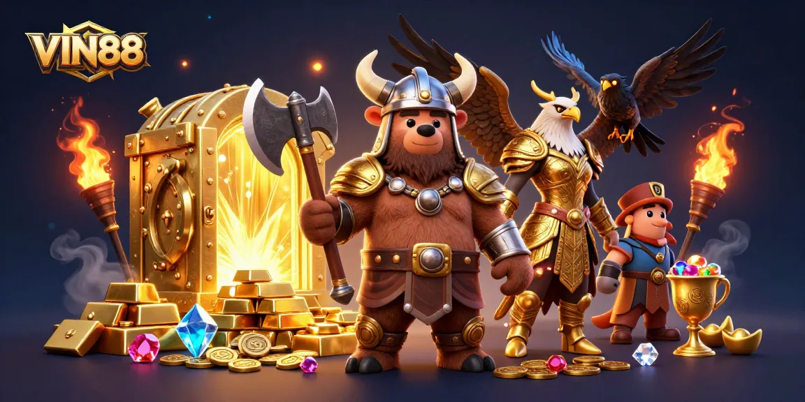 Experience the thrilling world of VIN88 with a dynamic 3D scene featuring a Viking bear and Valkyrie eagle amidst golden treasures.