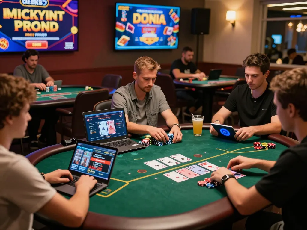 Players engaging in online casino poker at home through 13win's dynamic gaming platform.
