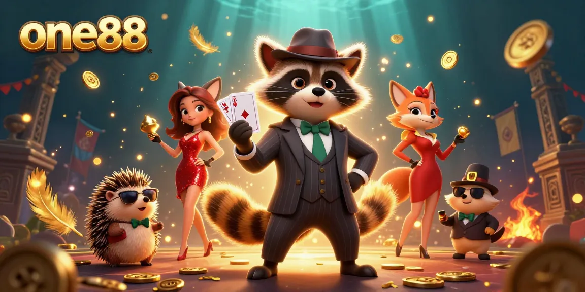 Experience thrilling gameplay at one88 with a raccoon in a suit holding a royal flush, exciting casino elements spark around.