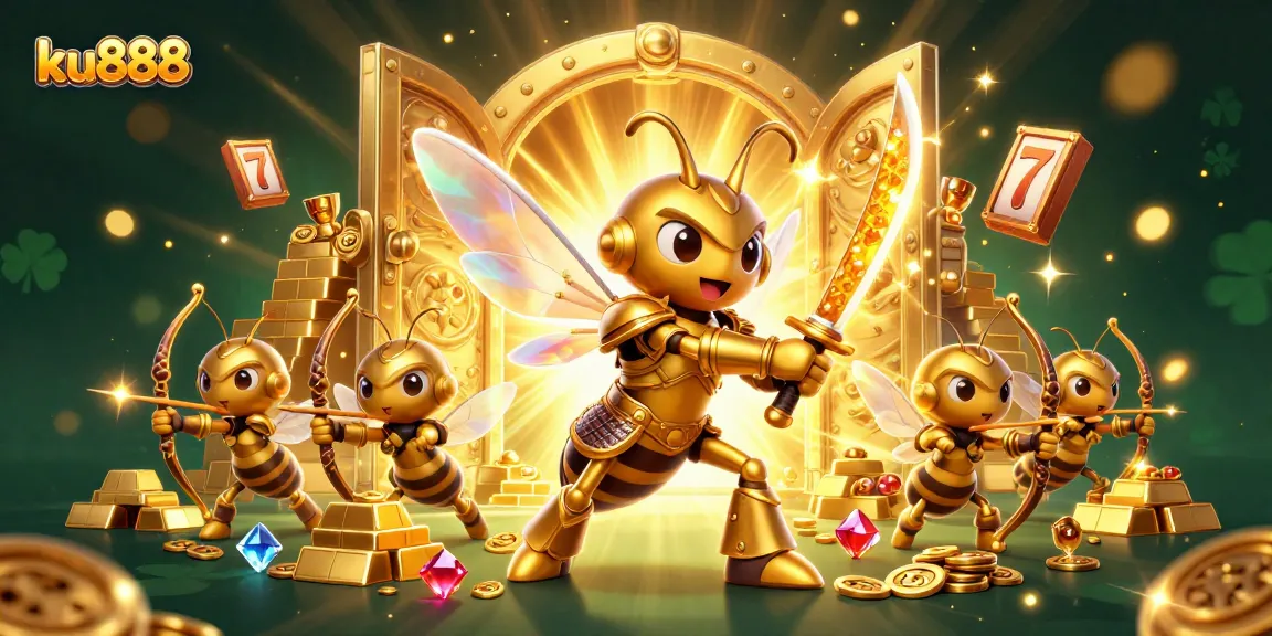 Join the thrilling action at ku888 with a golden samurai hornet surrounded by treasures and lucky slots.