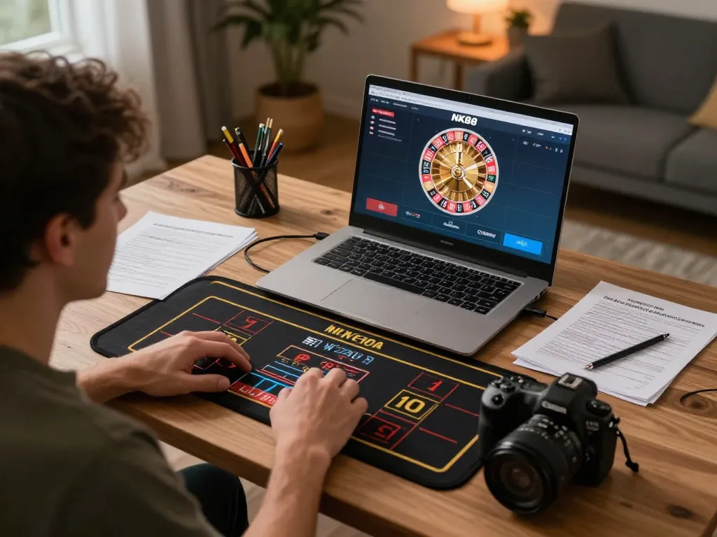 Playing roulette on NK88 com app with poker strategy notes in cozy home office