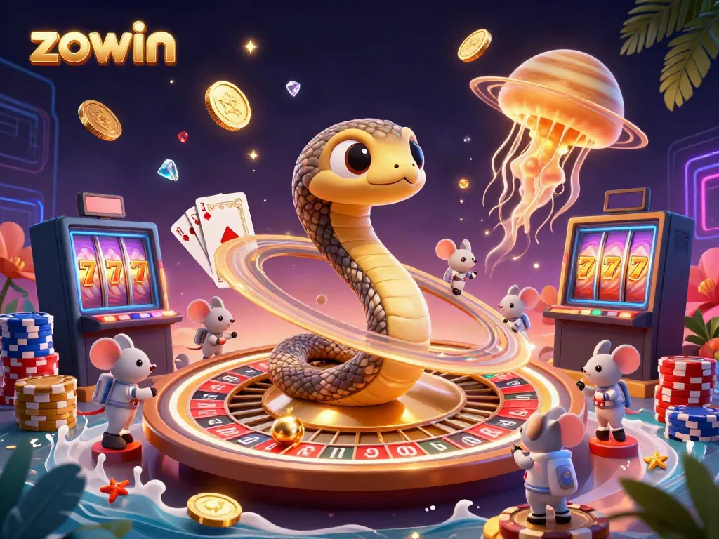 Celebrate thrilling moments at Zowin with a vibrant 3D casino illustration featuring playful cosmic characters.