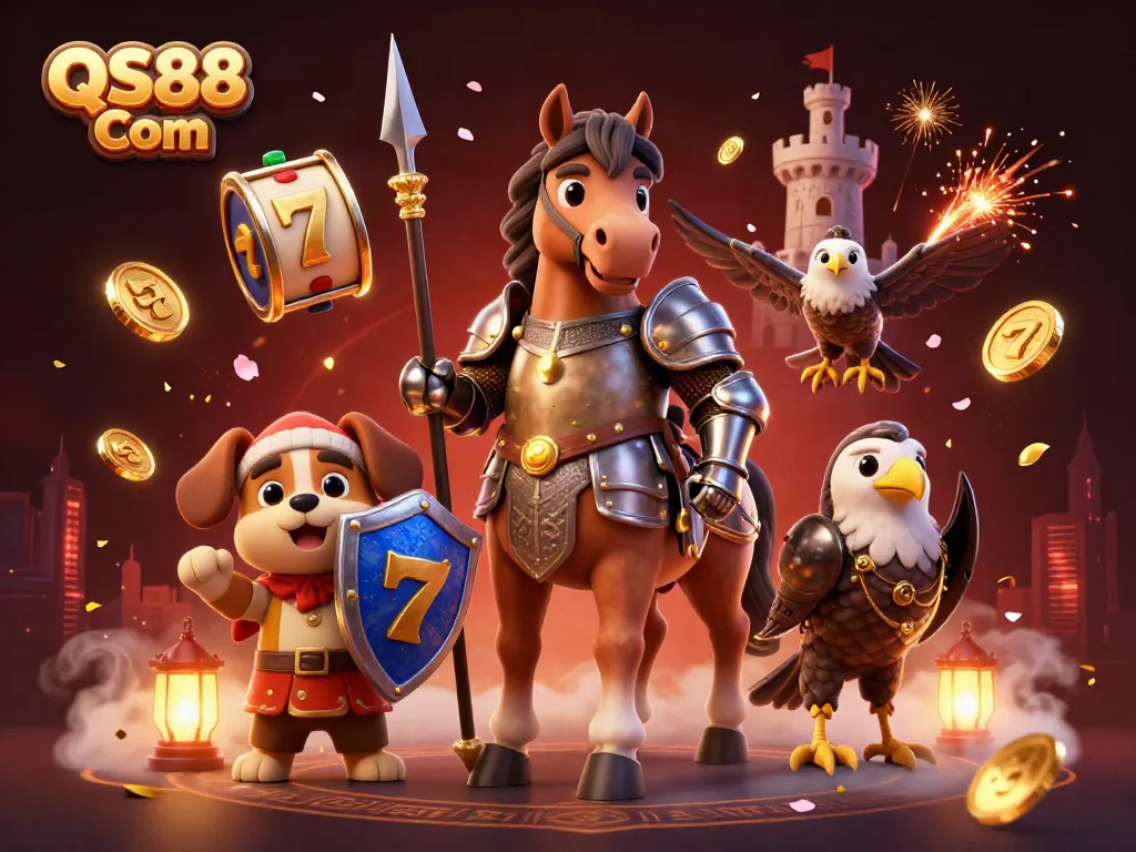 Experience the excitement with QS88 Com, featuring a knight, puppy, and falcon in a rich casino scene.
