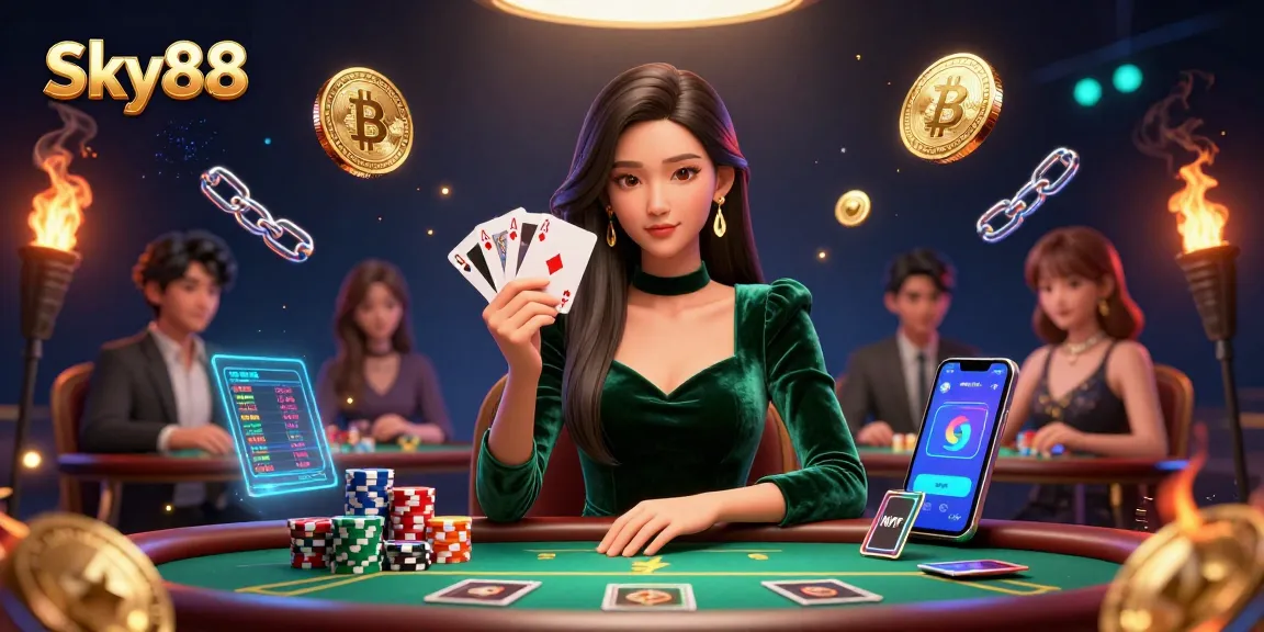 Experience the thrill at Sky88 casino as a beautiful Asian woman plays poker, amidst vibrant Bitcoin and Ethereum coins.