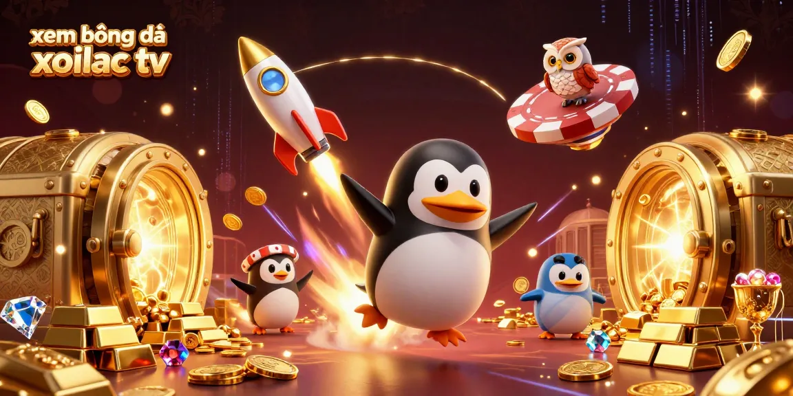 xem bóng đá xoilac tv features vibrant 3D penguin and treasure symbols in an interactive casino space scene.
