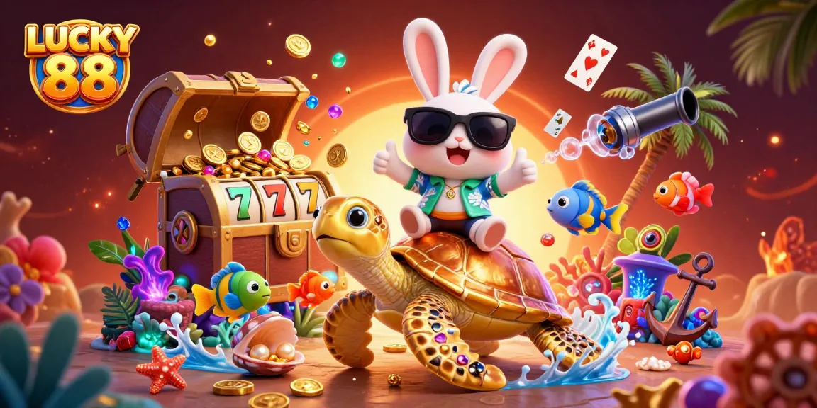 Experience LUCKY 88's vibrant casino adventure through an ultra-detailed 3D illustration featuring lively characters.