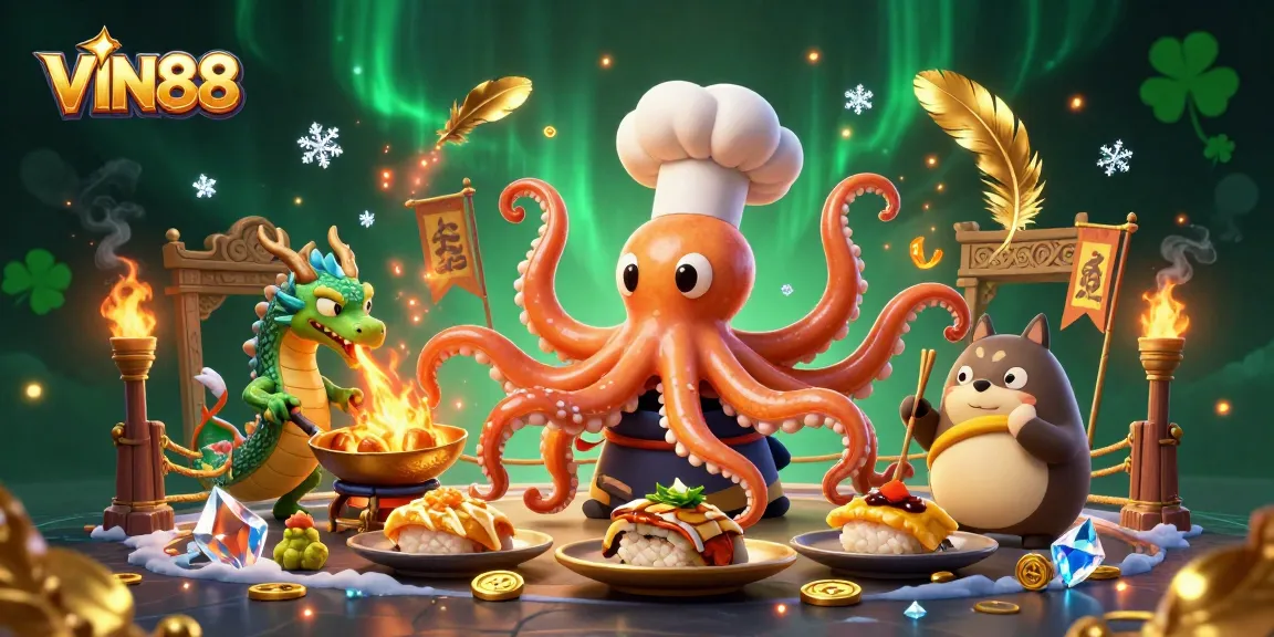 Experience the excitement of VIN88 with a dynamic scene featuring an octopus chef, dragon, and tanuki in a casino atmosphere.