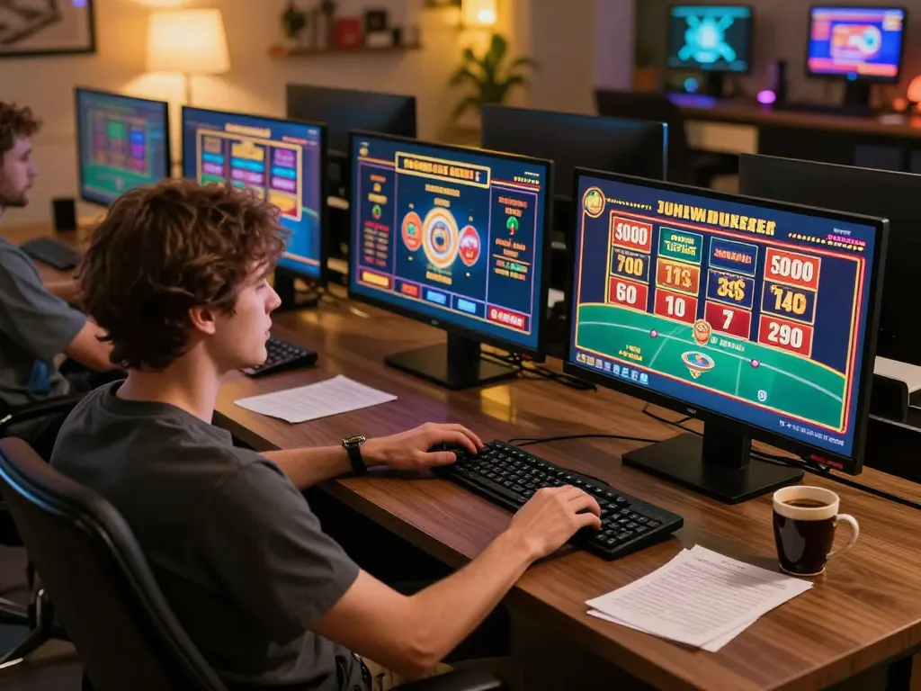 Engaging scene of a player focused on Vua88 online casino gaming with multiple devices.