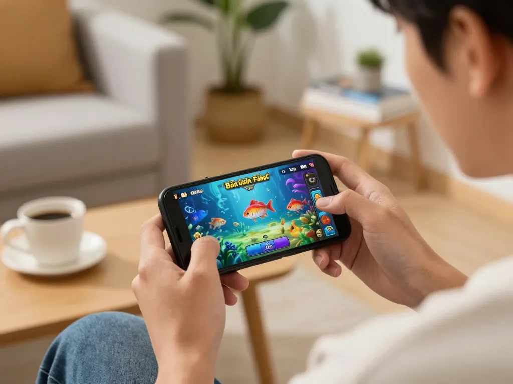 Bắn cá Fabet gameplay on a smartphone, vibrant graphics and engaging atmosphere.