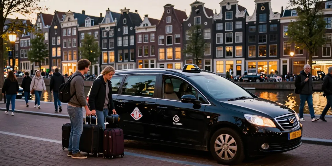 Taxi Amsterdam service at sunset with driver assisting passengers.