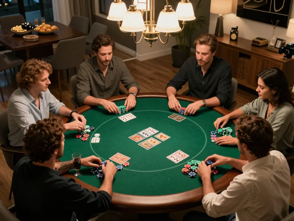 Friends enjoying a competitive poker game at home featuring the LC88 experience