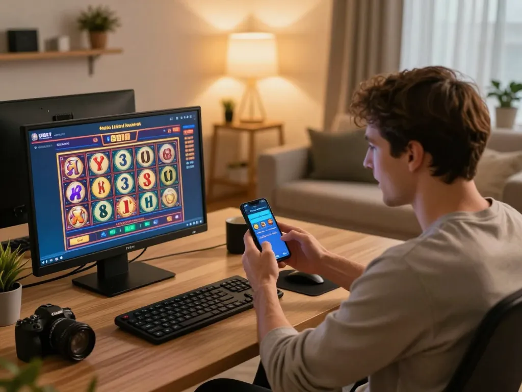 I9BET user enjoying slot games on a smartphone while comfortably seated at home, showcasing online gaming experience.