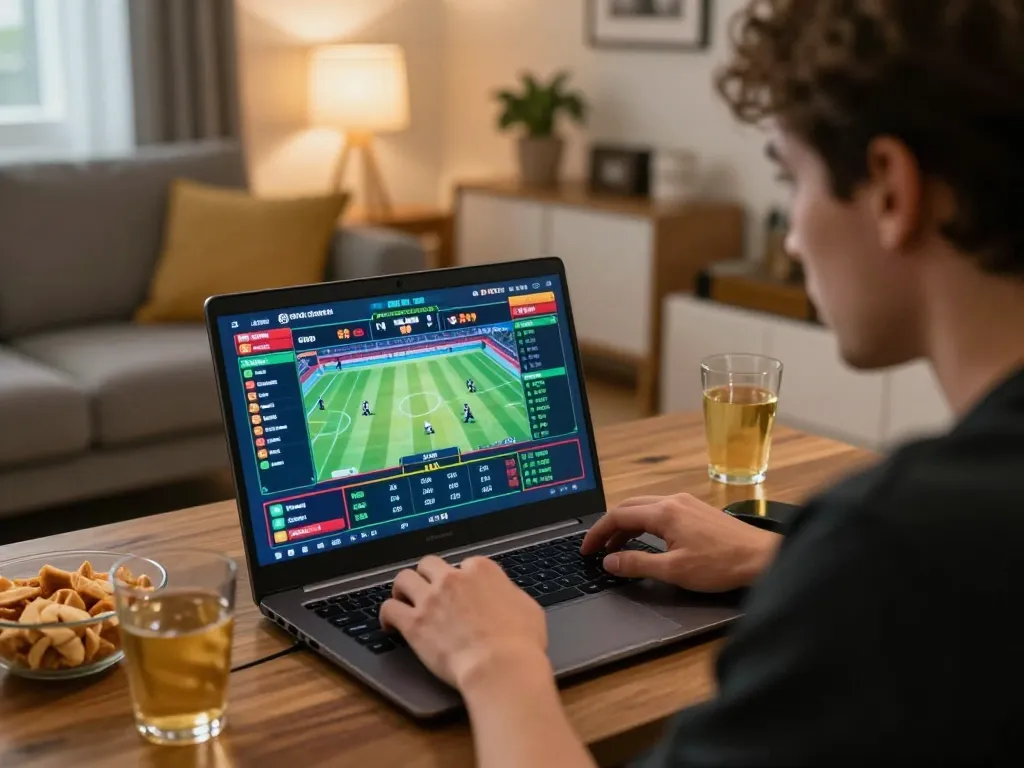 O8 user analyzing sports betting odds on laptop, snacks nearby, cozy home setting, focused atmosphere.
