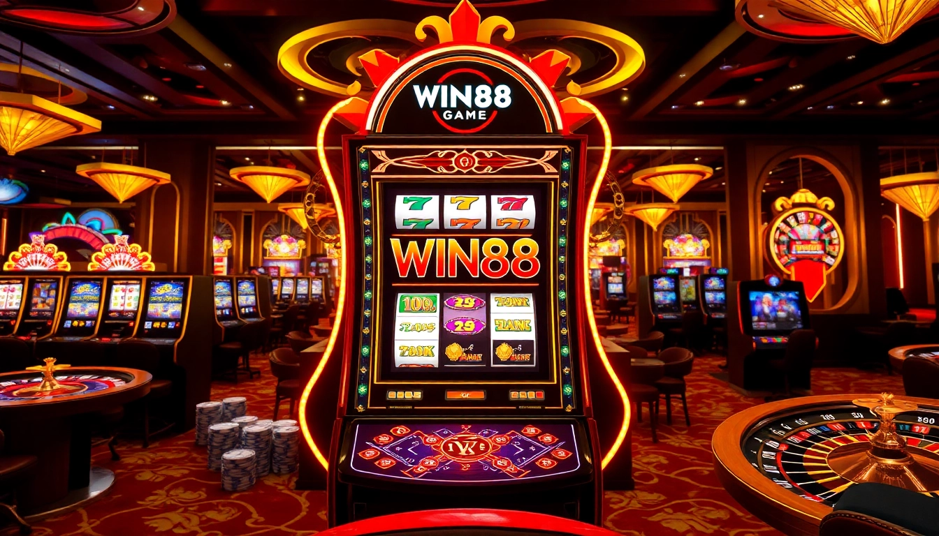 Experience the thrill of WIN88 GAME at a luxury casino with vibrant slot machines and poker chips.