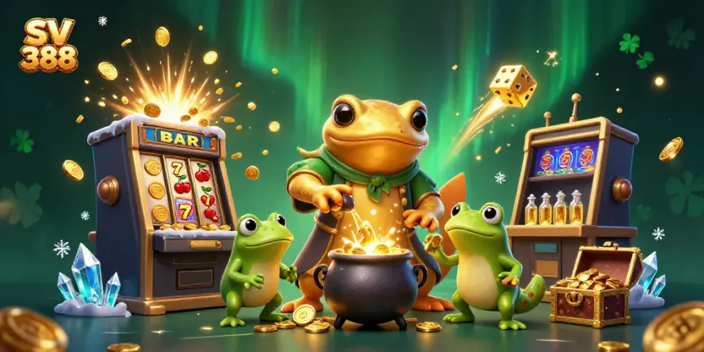 Experience the virtual thrills of SV 388 with a golden alchemist transforming coins amidst dynamic casino elements.