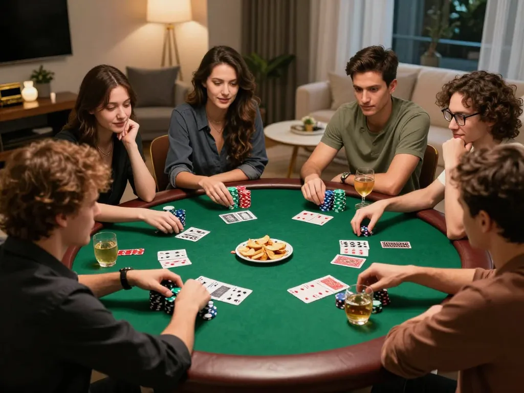 Friends playing poker at home with VK88 app strategies in action, enjoying a fun evening.